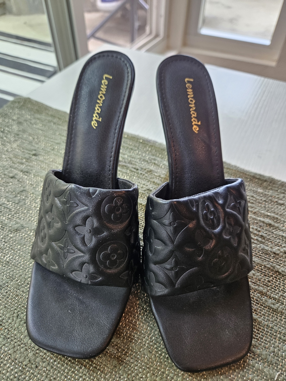 Lemon Black Embossed Slide Heels